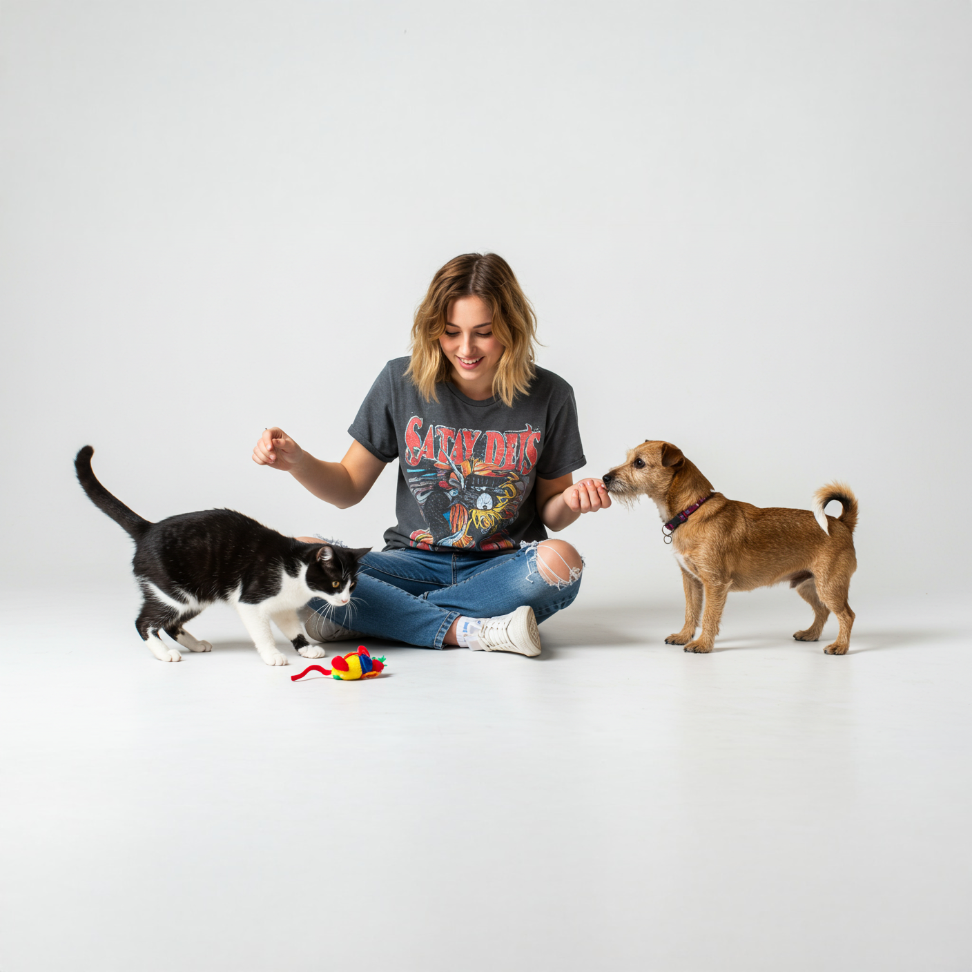 Interactive robotic cat toy with wheels, a fluffy tail attachment, and colorful accents designed to engage and entertain pets.