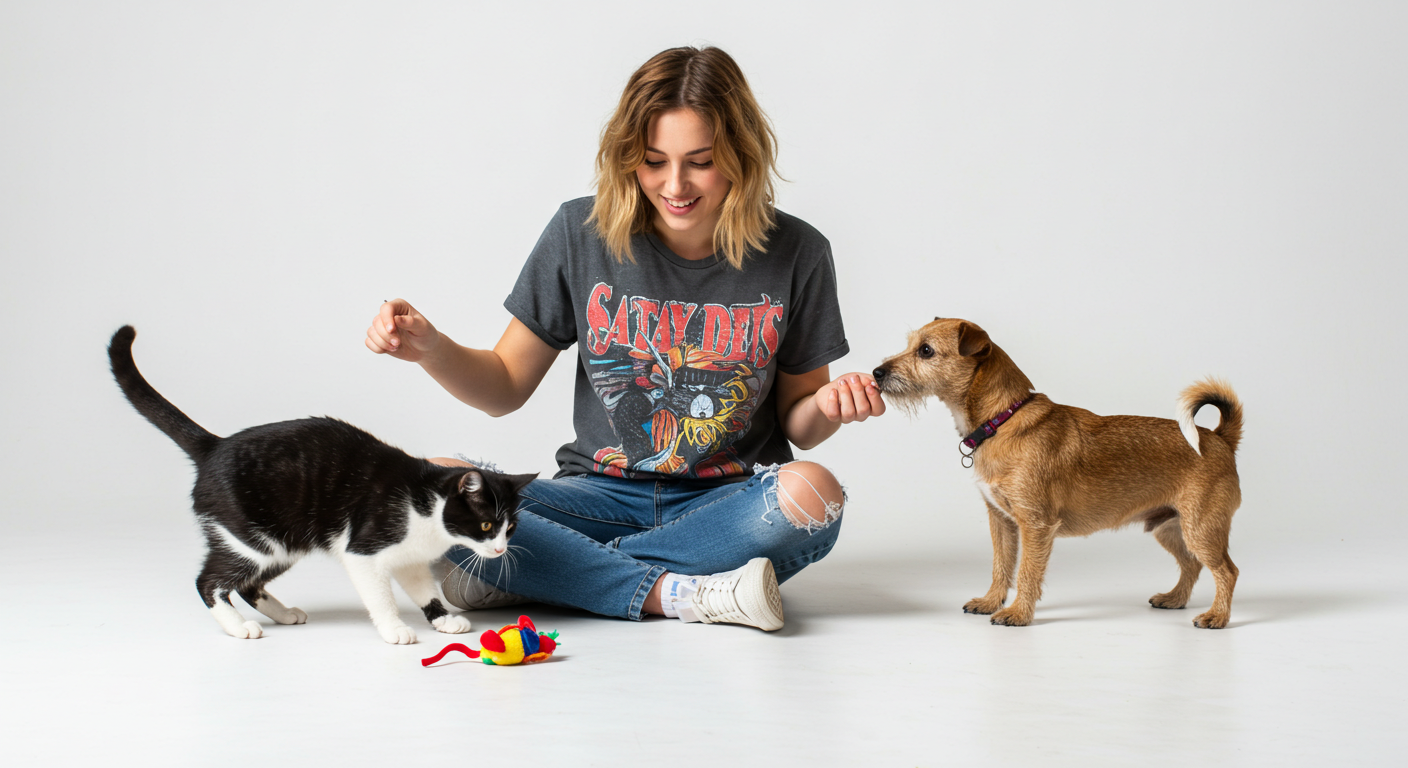 Interactive robotic cat toy with wheels, a fluffy tail attachment, and colorful accents designed to engage and entertain pets.